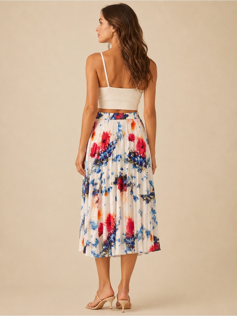Club Monaco Boho Chic Watercolor Floral Pleated Midi Skirt | White Multicolor - Picture 2 of 5